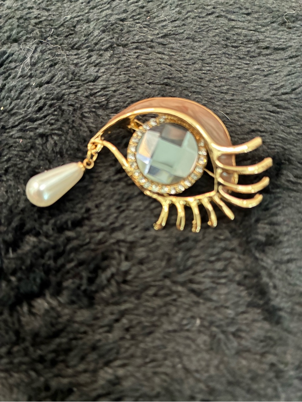Gold-tone Eye Brooch with Pearl Drop and Crystal Accent - Women Jewelry
